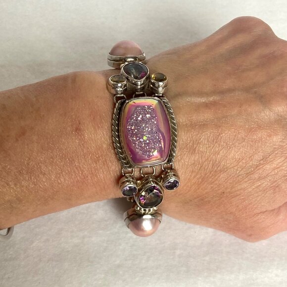 AF Design Sterling Silver 925 Pink Druzy Pearl & Multi Gemstone Panel Bracelet - Picture 1 of 16